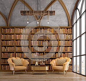 Old bookcase with leather armchair near window in reading room or library.Vintage style.