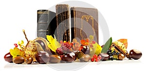 Old Books with Autumn Leaves and Fruits isolated on white Background - Panorama