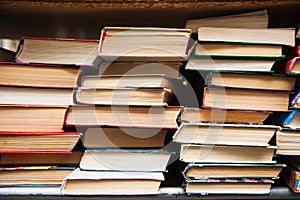 Old books on book shelf background