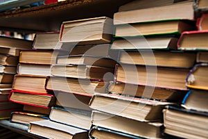 Old books on book shelf background