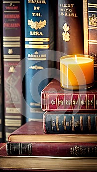 Old books and candle on a wooden shelf in a dark library illustration Artificial Intelligence artwork generated