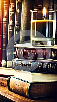 Old books and candle on a wooden shelf in a dark library illustration Artificial Intelligence artwork generated