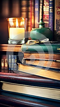 Old books and candle on a wooden shelf in a dark library illustration Artificial Intelligence artwork generated