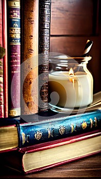 Old books and candle on a wooden shelf in a dark library illustration Artificial Intelligence artwork generated