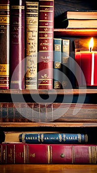 Old books and candle on a wooden shelf in a dark library illustration Artificial Intelligence artwork generated