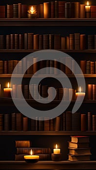 Old books and candles on a wooden shelf in a dark library illustration Artificial Intelligence artwork generated