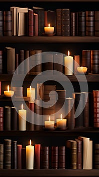 Old books and candles on a wooden shelf in a dark library illustration Artificial Intelligence artwork generated