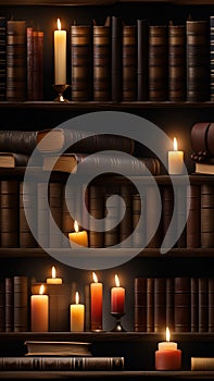 Old books and candles on a wooden shelf in a dark library illustration Artificial Intelligence artwork generated