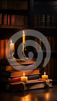 Old books and candles on a wooden shelf in a dark library illustration Artificial Intelligence artwork generated