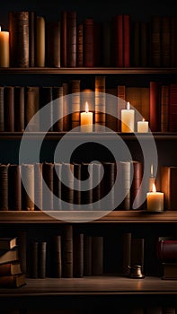 Old books and candles on a wooden shelf in a dark library illustration Artificial Intelligence artwork generated