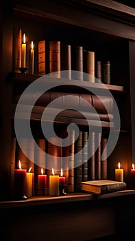 Old books and candles on a wooden shelf in a dark library illustration Artificial Intelligence artwork generated