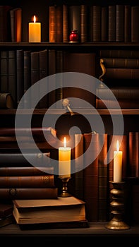 Old books and candles on a wooden shelf in a dark library illustration Artificial Intelligence artwork generated
