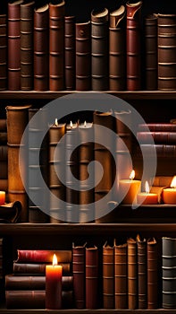 Old books and candles on a wooden shelf in a dark library illustration Artificial Intelligence artwork generated