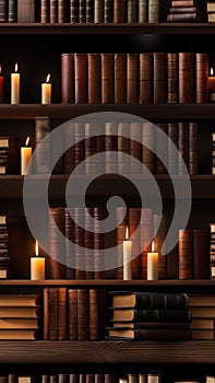 Old books and candles on a wooden shelf in a dark library illustration Artificial Intelligence artwork generated