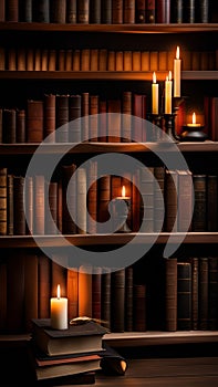 Old books and candles on a wooden shelf in a dark library illustration Artificial Intelligence artwork generated