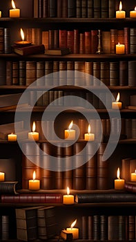 Old books and candles on a wooden shelf in a dark library illustration Artificial Intelligence artwork generated