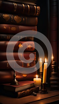 Old books and candles on a wooden shelf in a dark library illustration Artificial Intelligence artwork generated