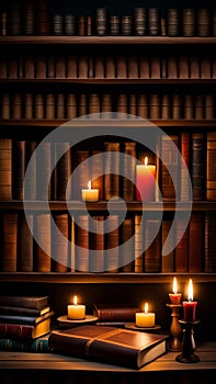 Old books and candles on a wooden shelf in a dark library illustration Artificial Intelligence artwork generated