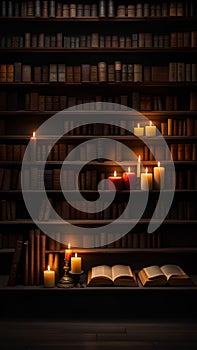 Old books and candles on a wooden shelf in a dark library illustration Artificial Intelligence artwork generated