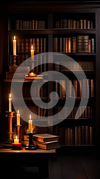 Old books and candles on a wooden shelf in a dark library illustration Artificial Intelligence artwork generated