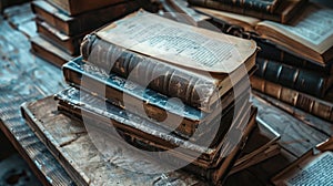 Old books and chronicles on a wooden table