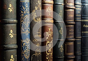 Old books close-up. Title of the book is printed on the spine. Tiled Bookshelf background. Concept on the theme of history,