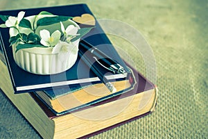 Old books, diary and jasmine flower.