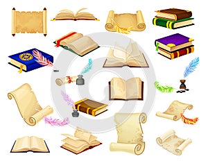 Old Books in Hard Cover with Pages and Scrolls with Quill Big Vector Set