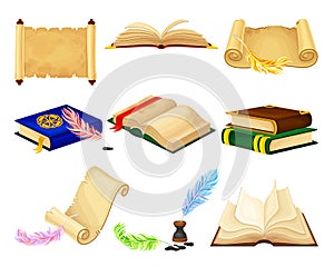 Old Books in Hard Cover with Pages and Scrolls with Quill Vector Set