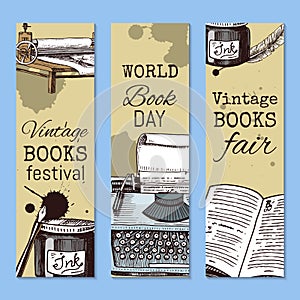 Old books with ink quill feather pen and inkwell set of banners vector illustration. Vintage or antique writing