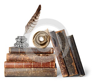 Old books, inkstand and scroll photo
