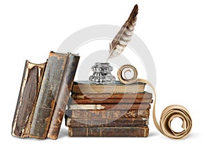 Old books, inkstand and scroll