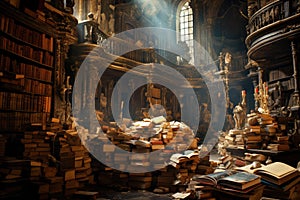 Old books in the interior of the Church of St. Nicholas in Lviv, Ukraine, A massive library filled with rows of ancient books and