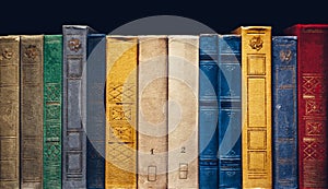 Old Books In A Row In Library On Black Background With Copy-Space