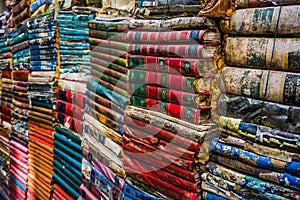 Old books row. Vintage books. Pile of old books.