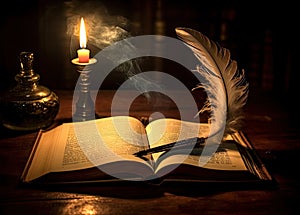 old books, scrolls, ink pen and inkwell on wooden table on brown background