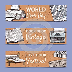 Old books set of banners vector illustration. Vintage or antique writing stationery and open book manuscript with rough
