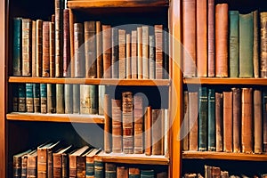 Old books on the shelves of a library.