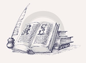 Old books stack and ink quill