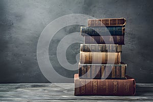 Old books stacked on gray background with ample copy space