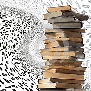 old books stacked on top of one another against the background of many letters