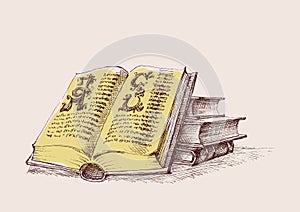 Old books stand, an open book