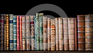 Old books on wooden shelf