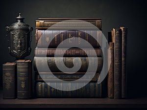 Old books on a wooden shelf.