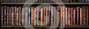 Old books on wooden shelf.. Concept on the theme of history, nostalgia, old age. Retro style photo