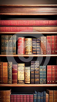 Old books on a wooden shelf in a dark library illustration Artificial Intelligence artwork generated