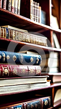 Old books on a wooden shelf in a dark library illustration Artificial Intelligence artwork generated