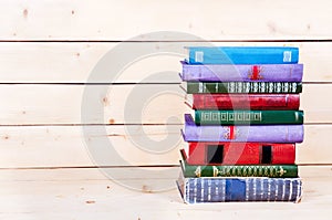 Old books on a wooden shelf. funds for education