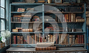 Old books on wooden shelf in library