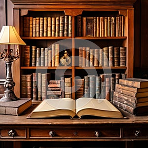 Old books on wooden shelf in library. Education background. Back to school.